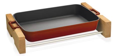 22x30cm Red Enamel Rectangular Dish and wooden service stand