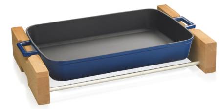 22x30cm Blue Enamel Rectangular Dish and wooden service stand