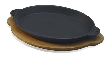 18x24.5cm Fajita Plate and wooden platter,  integral metal handles, oval,  